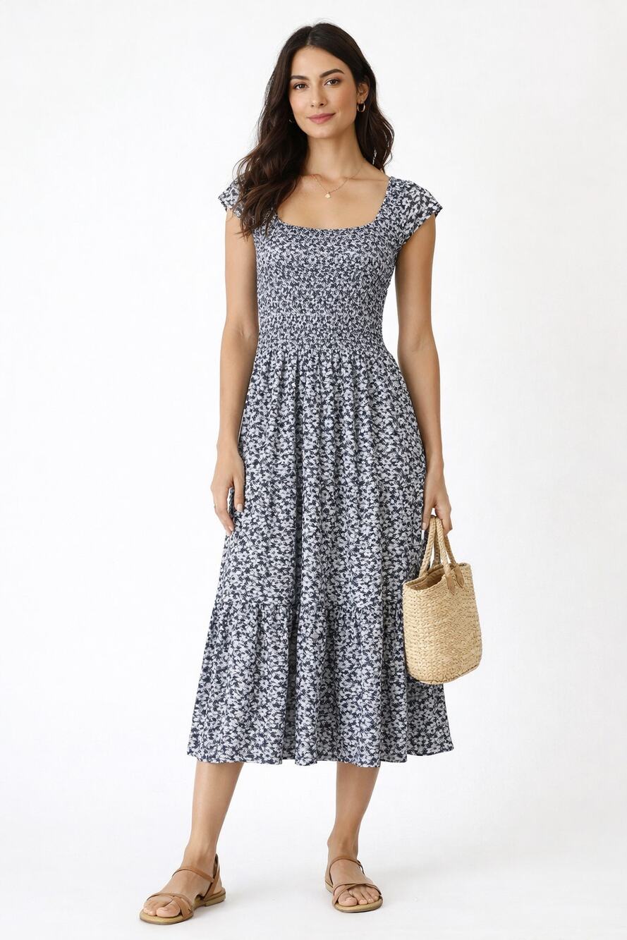 Nation LTD Pima Cotton Smocked Midi Dress Black White Size XS Casual